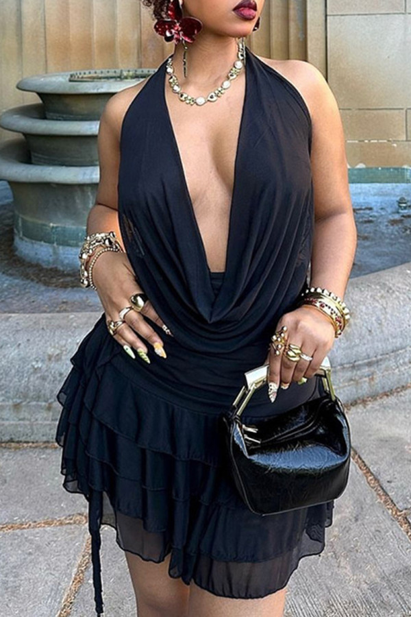 Black Sexy Solid Color Patchwork Backless Ruched Stringy Selvedge Halter Sleeveless Two Pieces
