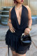 Black Sexy Solid Color Patchwork Backless Ruched Stringy Selvedge Halter Sleeveless Two Pieces