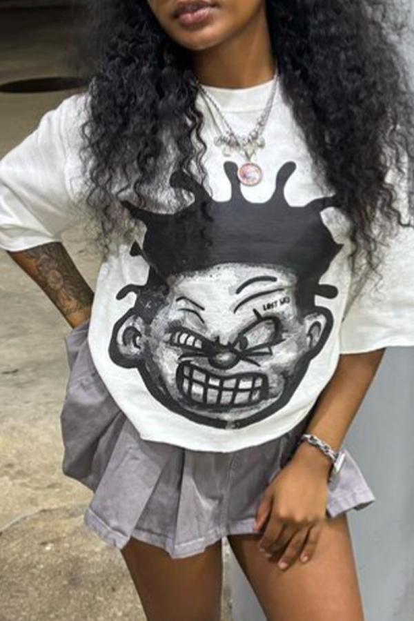 White Casual Street Cartoon Print O Neck T-Shirts