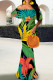 Green Yellow Elegant Print Patchwork Backless Off Shoulder Long Dresses