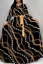 Black Gold Elegant Print Patchwork Strap Design O Neck A Line Dresses
