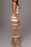 Camel Sexy Stripe Patchwork Backless Contrast Square Neck Wrapped Skirt Dresses