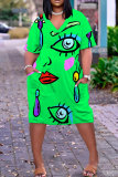 Yellow Casual Print Pocket V Neck Short Sleeve Plus Size Dresses