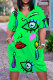 Green Casual Print Pocket V Neck Short Sleeve Plus Size Dresses