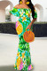 Green Elegant Print Patchwork Backless Off Shoulder Long Dresses