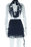 Black Sexy Solid Color Patchwork Backless Ruched Stringy Selvedge Halter Sleeveless Two Pieces