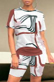 Khaki Casual Daily Striped Print Love Print Contrast O Neck Short Sleeve Two Pieces