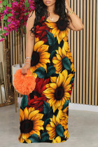 Yellow Sexy Leopard Print Flowers Contrast U Neck Printed Dresses