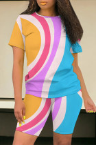Multi-color Casual Daily Striped Print Love Print Contrast O Neck Short Sleeve Two Pieces