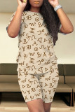 Khaki Casual Daily Striped Print Love Print Contrast O Neck Short Sleeve Two Pieces
