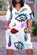 White Casual Print Pocket V Neck Short Sleeve Plus Size Dresses