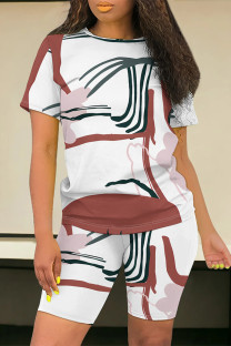 White Casual Daily Striped Print Love Print Contrast O Neck Short Sleeve Two Pieces