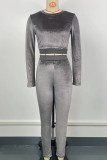 Silver Gray Casual Solid Color Patchwork O Neck Long Sleeve Two Pieces