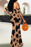Pink Elegant Print Patchwork Backless Ruffled Trim Off Shoulder Long Dresses