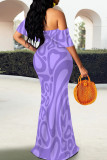 Blue Elegant Stripe Patchwork Backless Off Shoulder Long Dresses