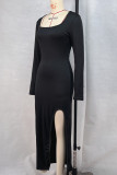 Black Sexy Solid Color Patchwork High Slit Square Neck Wrapped Skirt Dresses