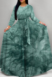Purplish Blue Elegant Print Patchwork Strap Design O Neck A Line Dresses