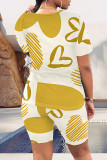 Khaki Casual Daily Striped Print Love Print Contrast O Neck Short Sleeve Two Pieces