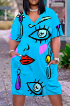 Blue Casual Print Pocket V Neck Short Sleeve Plus Size Dresses