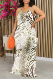 Cream White Sexy Leopard Print Flowers Contrast U Neck Printed Dresses