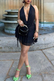 Black Sexy Solid Color Patchwork Backless Ruched Stringy Selvedge Halter Sleeveless Two Pieces