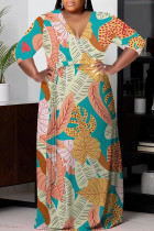 Peacock Blue Casual Print Basic V Neck Long Plus Size Dresses