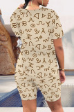 Khaki Casual Daily Striped Print Love Print Contrast O Neck Short Sleeve Two Pieces