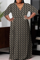 Khaki Casual Print Basic V Neck Long Plus Size Dresses