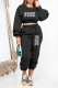 Black Casual Daily Letter Print O Neck Long Sleeve Two Pieces