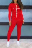 Red Casual Street Letter Print O Neck Long Sleeve Two Pieces