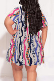 Green Casual National Totem Geometric Print Contrast V Neck Printed Plus Size Dresses