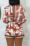 Coffee Sexy Print Pocket Buckle Buttons Patchwork Turndown Collar Long Sleeve Two Pieces