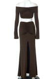 Brown Elegant Solid Color Patchwork Backless Off Shoulder Long Sleeve Two Pieces