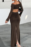 Brown Elegant Solid Color Patchwork Backless Off Shoulder Long Sleeve Two Pieces