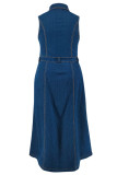 Deep Blue Elegant Solid Color Pocket Buckle Patchwork Slit Turndown Collar Long Plus Size Dresses