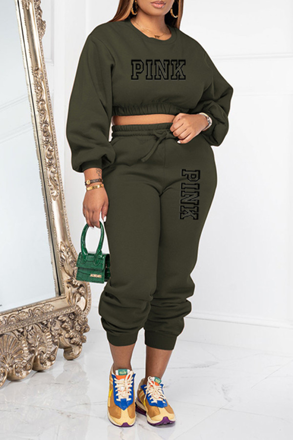 Army Green Casual Daily Letter Print O Neck Long Sleeve Two Pieces