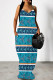Blue Sexy Geometric Print Pocket Contrast V Neck Printed Dresses