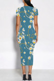 White Elegant Floral Print Chain print O Neck Printed Dresses