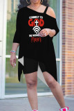 Matte Black Casual Street Letter Print Smiley Face Print Irregular Sloping Shoulder Plus Size Two Pieces
