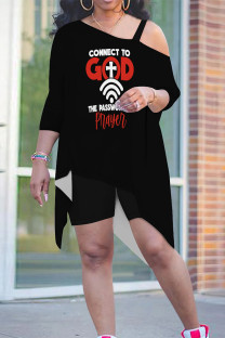 Black Red Casual Street Letter Print Smiley Face Print Irregular Sloping Shoulder Plus Size Two Pieces