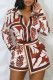 Coffee Sexy Print Pocket Buckle Buttons Patchwork Turndown Collar Long Sleeve Two Pieces