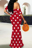 Red Elegant Polka Dot Patchwork Backless Off Shoulder Long Dresses