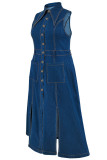 Deep Blue Elegant Solid Color Pocket Buckle Patchwork Slit Turndown Collar Long Plus Size Dresses