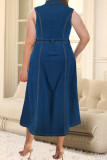 Deep Blue Elegant Solid Color Pocket Buckle Patchwork Slit Turndown Collar Long Plus Size Dresses