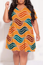 Orange Casual National Totem Geometric Print Contrast V Neck Printed Plus Size Dresses