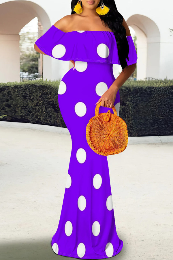 Purple Elegant Polka Dot Patchwork Backless Off Shoulder Long Dresses