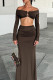 Brown Elegant Solid Color Patchwork Backless Off Shoulder Long Sleeve Two Pieces