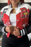 Red Street Print Buckle Patchwork Mandarin Collar Outerwear