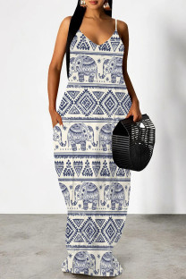 Cream White Sexy Geometric Print Pocket Contrast V Neck Printed Dresses