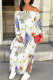 White Blue Casual Street Floral Print Slit Contrast Off Shoulder Printed Dresses
